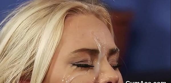  Hot doll gets sperm shot on her face eating all the semen